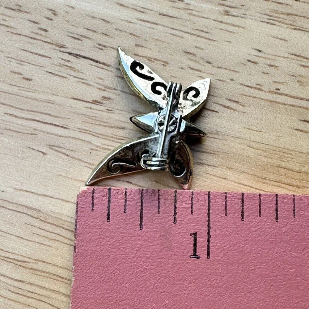 Vintage 1980s Brooch Pin 1.25 Inch Butterfly Black Onyx Silver‎ Filigree Y2K